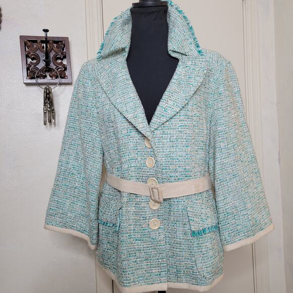 VTG Nanette Lepore Tweed 3/4 Sleeve Turquoise Fringe Jacket Blazer Belt Y2K✨️12 - Picture 16 of 16